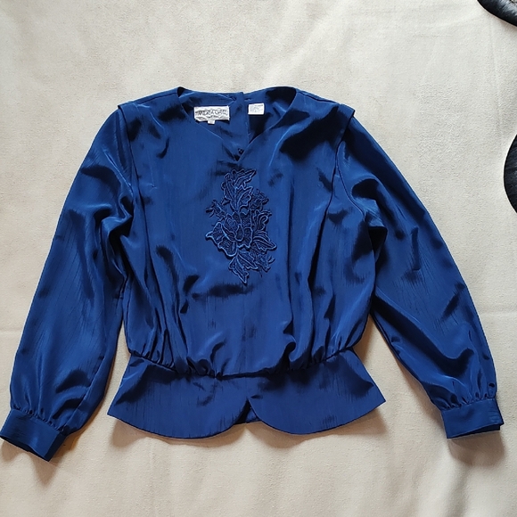 Andrea Gayle Tops - Vintage Elegant Blue Women's Top With Embroidery And Button Down On Back